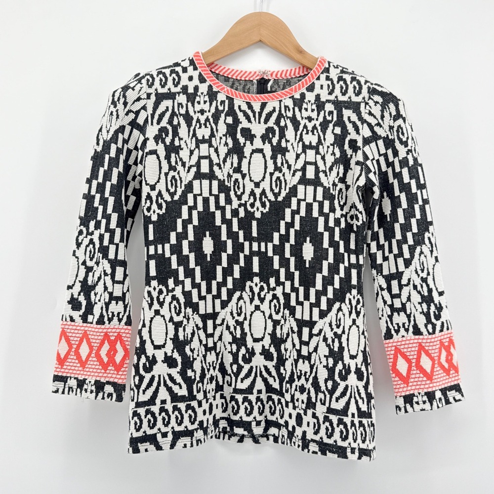 Yoana Baraschi Anthropologie Small Black White Coral Geometric Ikat Jacquard Top